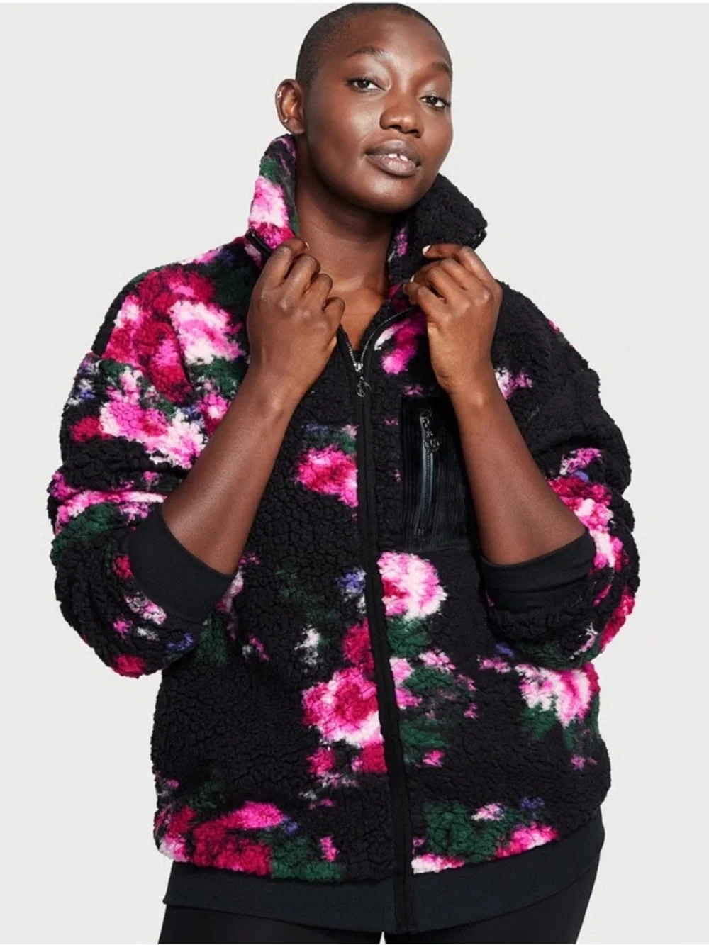 Victoria's Secret Black Sherpa Jacket with Pink Floral Print